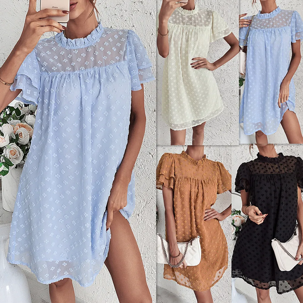 pretty-steps new styles double layer stand ruffled collar chiffon tulle sheer short sleeve girl mini dresses with lining