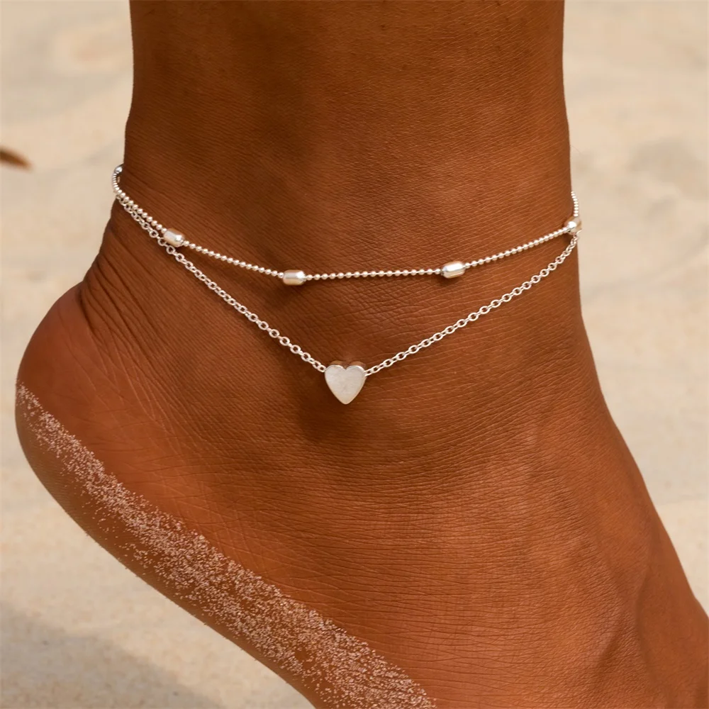 
XUNBEI Two Layer Foot Legs Bracelet Anklets Simple Heart Barefoot Crochet Sandals Foot Women Anklets Jewelry 