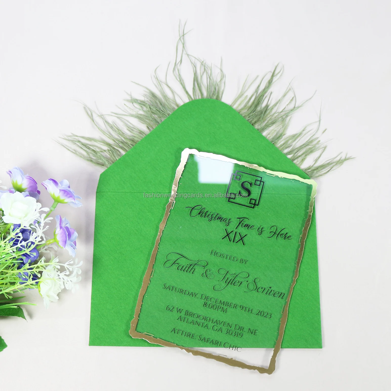 2024 Newest Chic Feather Design Custom Color Velvet Envelope Clear Acrylic Invitations Luxury Wedding Acrylic Invitation Cards