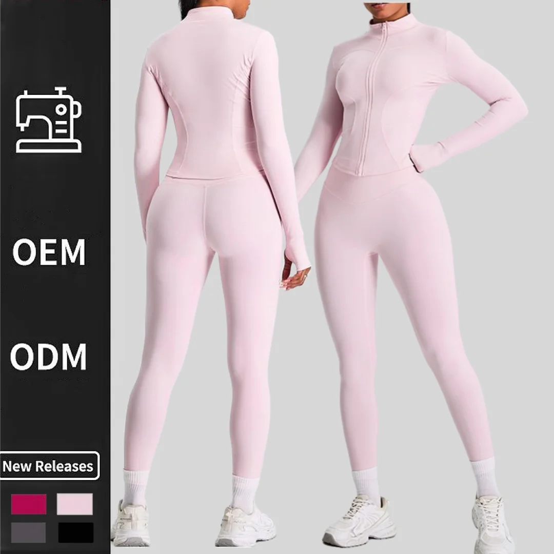Wholesale Gym Fitness Long Sleeve Jacket Leggings Sports Suits Women Seamless Fitness Yoga Set high quality pink set