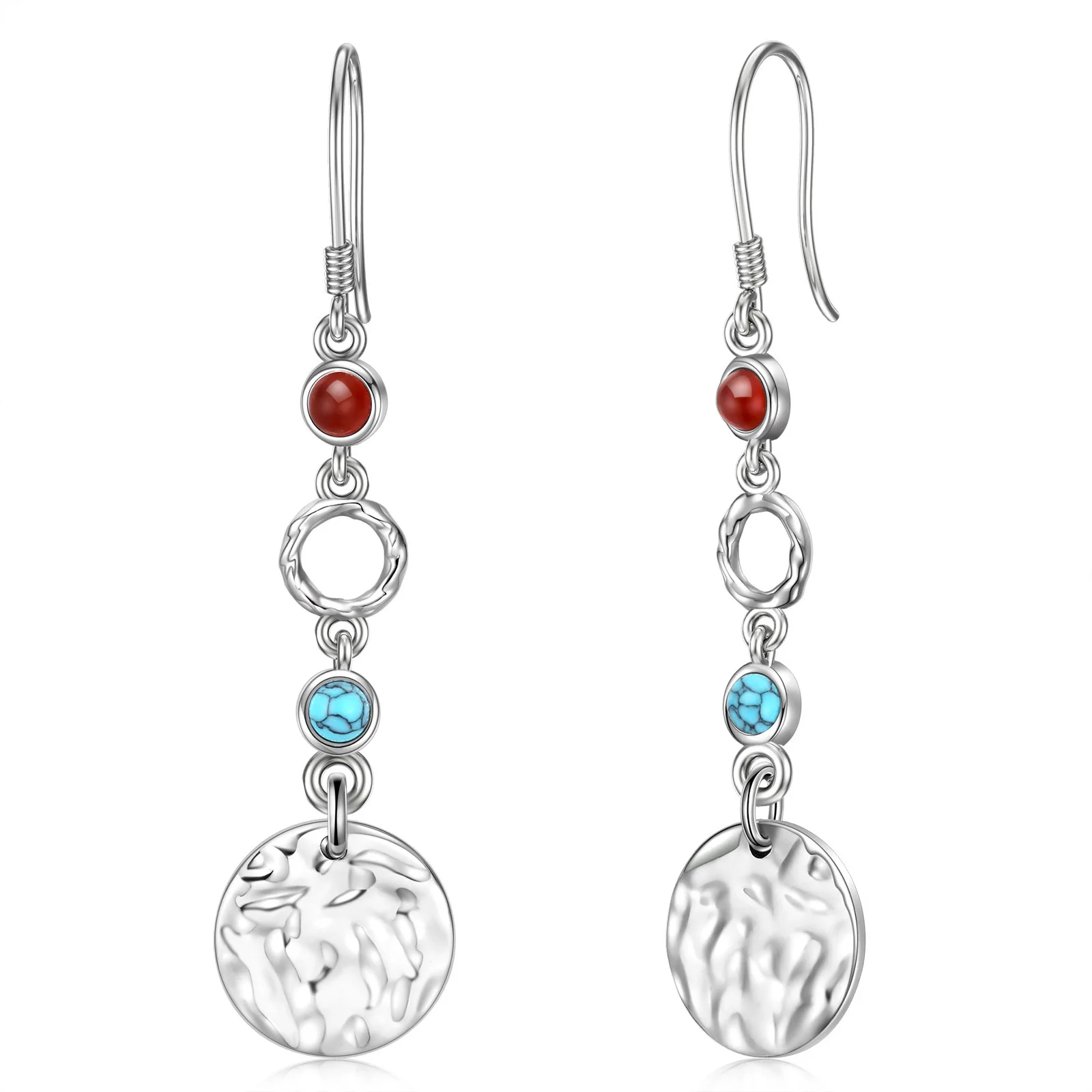 Jewelry Gift 925 Sterling Silver Hanging Carnelian Turquoise Drop Dangle Circle Disc Earrings