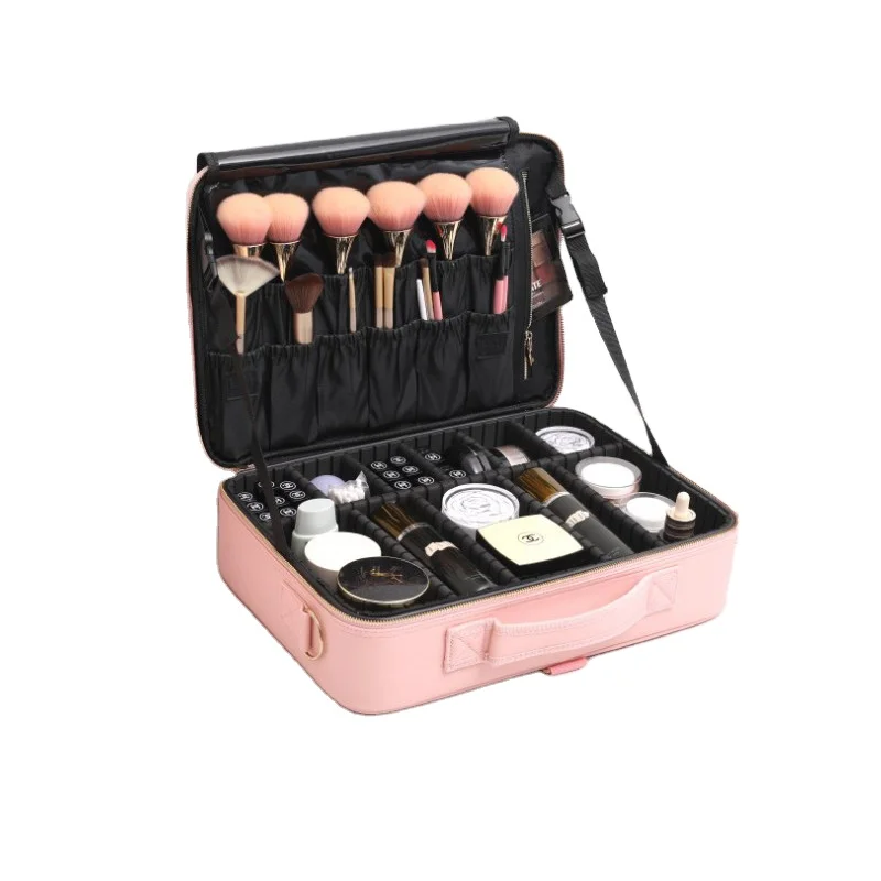 New design double layer travel makeup bag with strap tweezers eyeliner pink cosmetic case