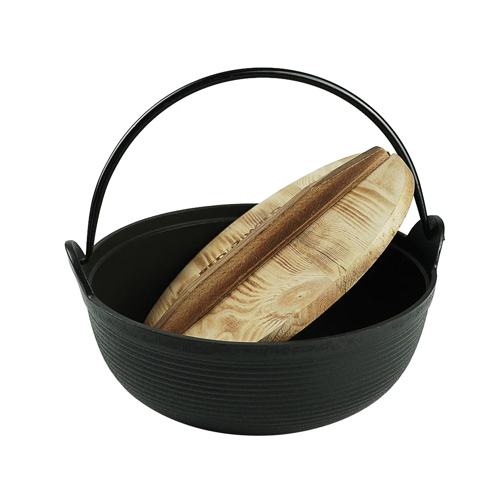 Pre-Seasoned Cast Iron Soup Pot Stew Pot Japanese Sukiyaki Pot with Wood Cover