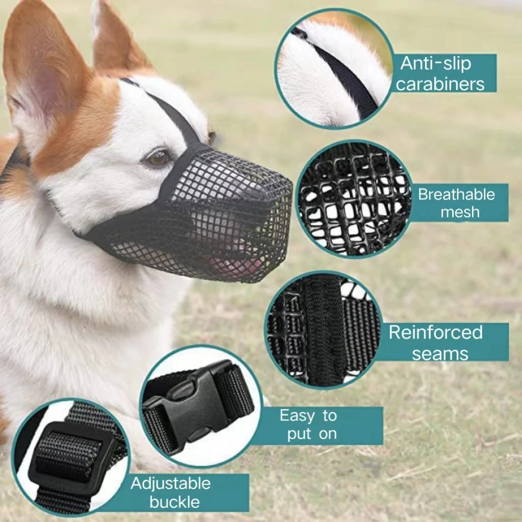Soft Nylon Mesh Dog Muzzle Breathable Reflective Pet Mouth Cover For Small Medium Large Dogs Prevents Biting Barking
