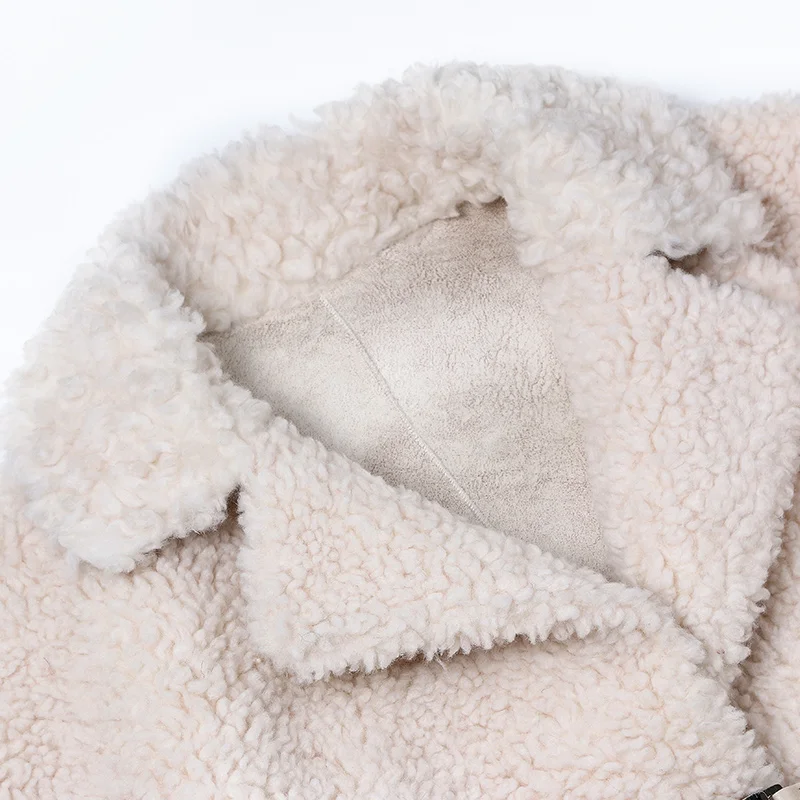 Winter Ladies Women Beige Long Elegant Plush Sheep Shearing Wool Fur Coat New Arrival