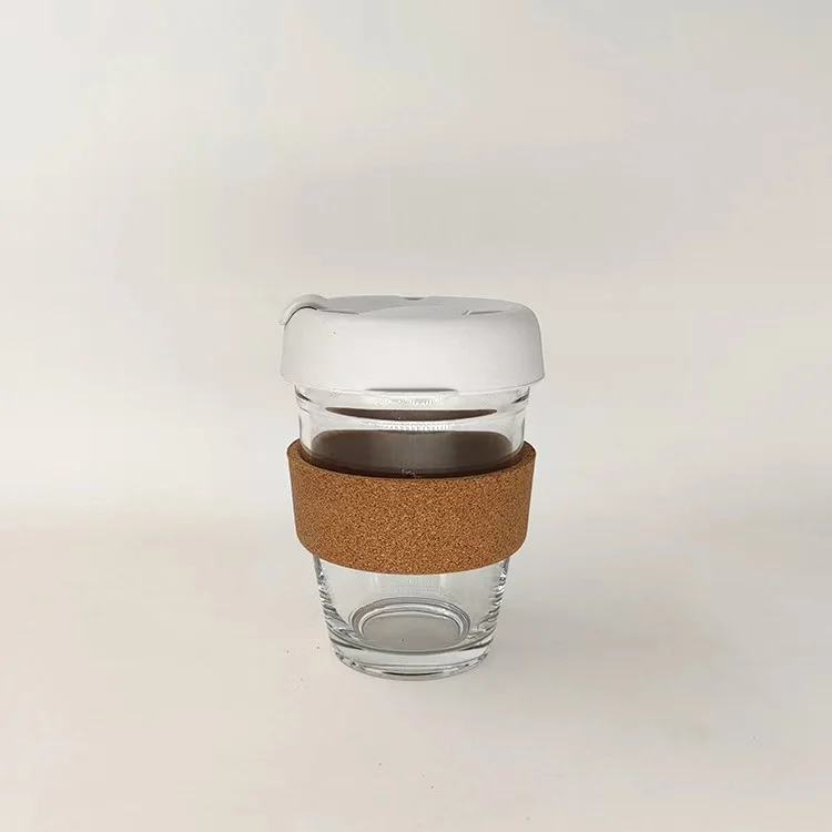 Eco Friendly Reusable Heat Resistant 250ml 350ml 450ml Glass Coffee Cup Mug with Silicone Lid Cap Cork Band