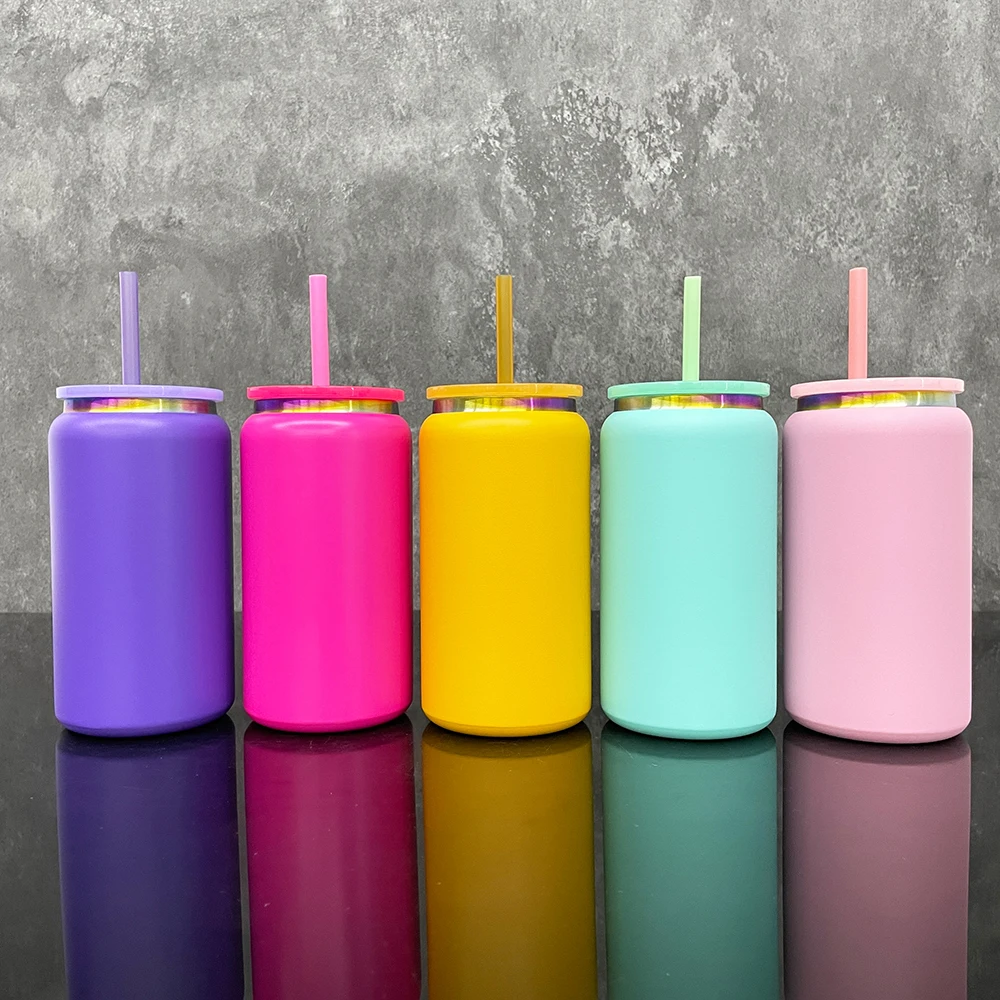 powder coated rainbow plated double wall 16oz metal beer can tumbler with pp lid and straw for laser engrave