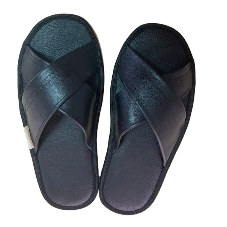 Indoor Slippers EVA OutsolIndoor Slippers EVA Outsole Natural Leather Natural Leather 100% Black Slippers For Home Outdoor
