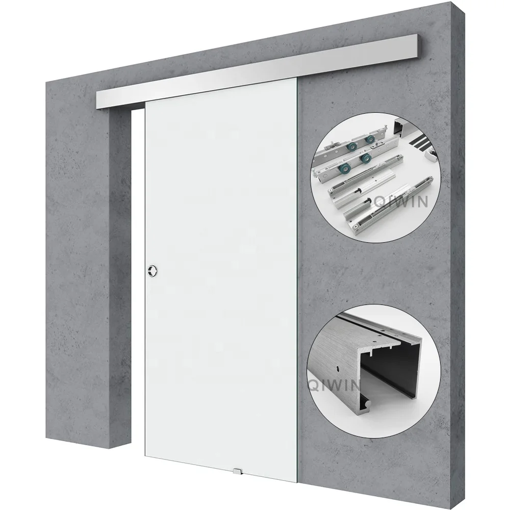 Modern light wall mount two way buffering aluminum hardware set interior glass pocket sliding roller door system