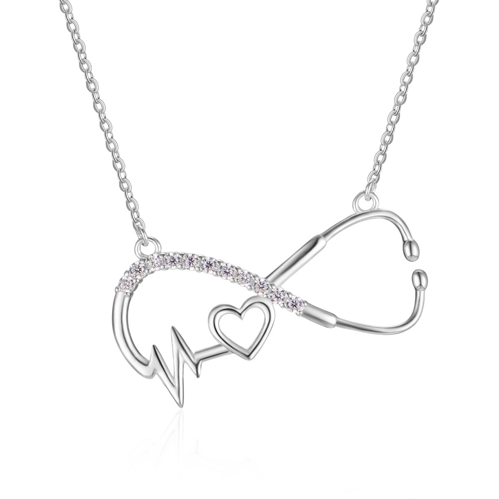 
Fashion Heartbeat Stethoscope Shape Pendant CZ Diamond 925 Sterling Silver Necklace 