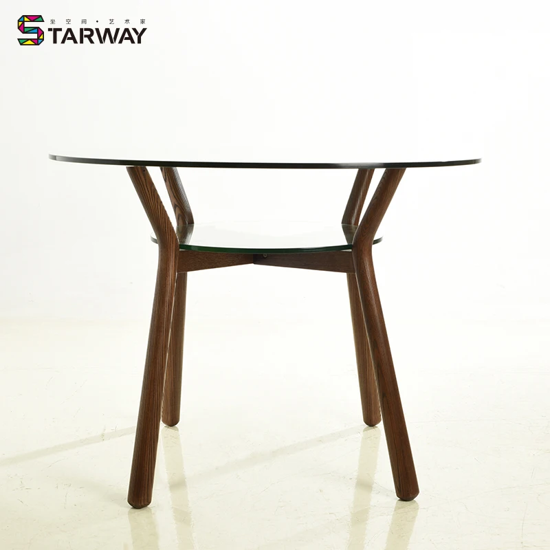 wholesale modern round glass dining table laminated glass dining table with wood legs RT-S142