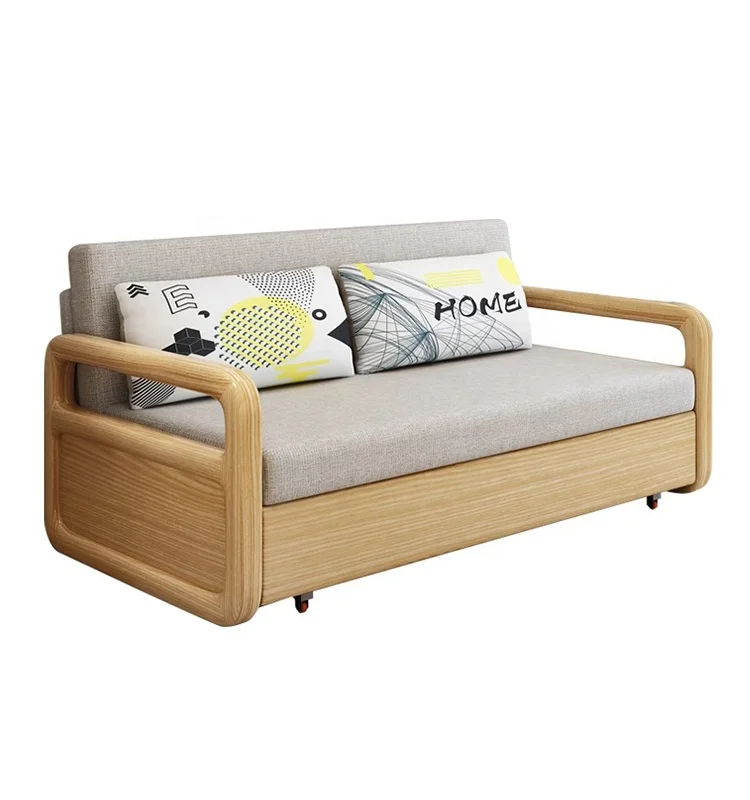 Living room furniture, wooden double sofa bed, pull-out sofa bed with storage cabinet