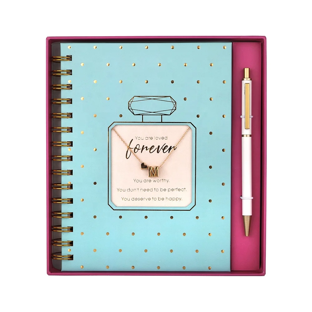 Индивидуальная печать бумажных духов, Роскошная золотая фольга в твердом переплете, женские спиральные блокноты формата A5 для журнала с ручкой и ожерельем, подарочный набор