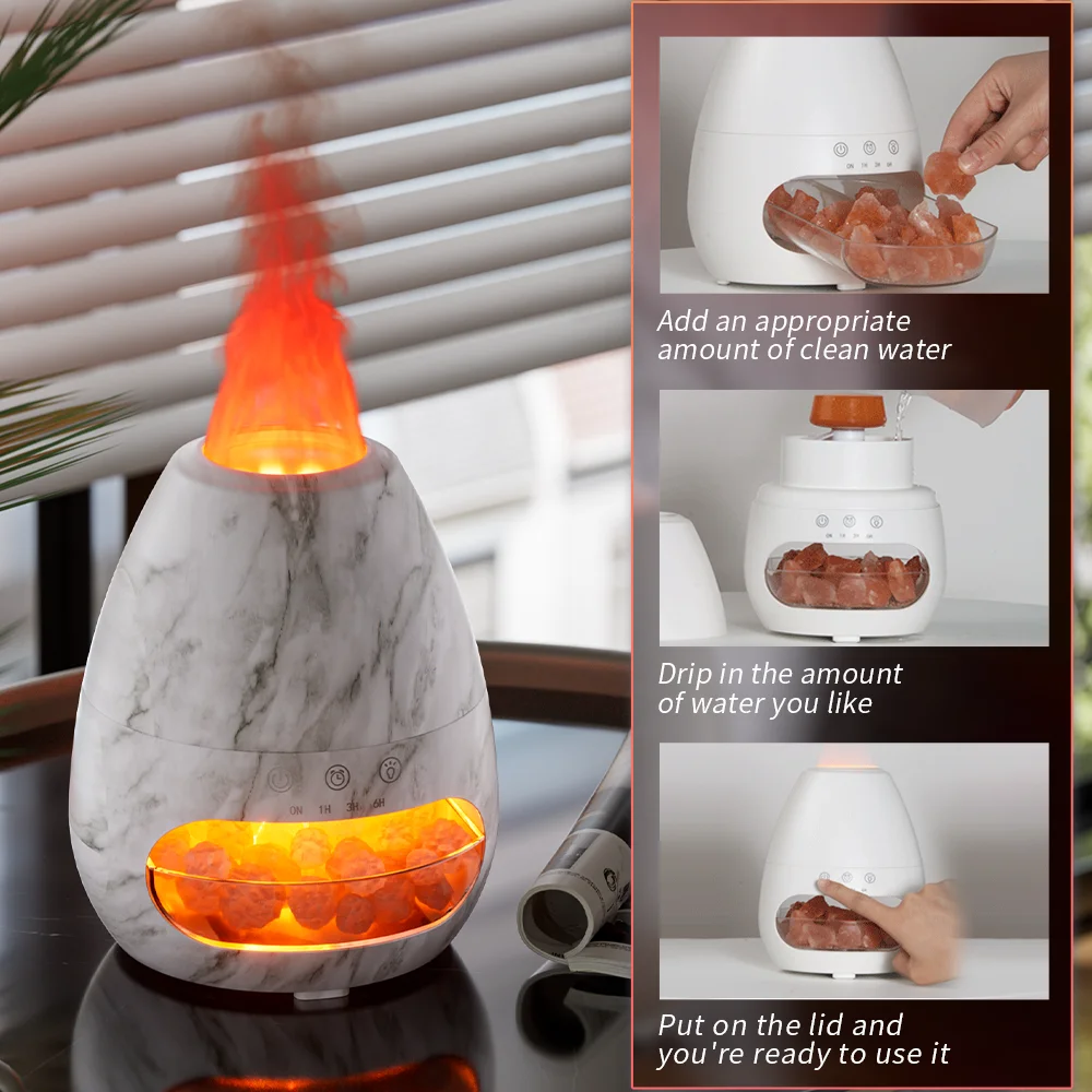 2023 New with LED Night Light Product Salt Stone diffuser 3D Flame Humidifier Marble Design Essential Oil Aroma Diffuser