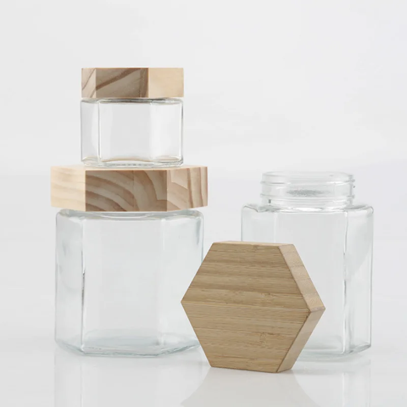 New hexagon glass honey jar with wooden cover and stick