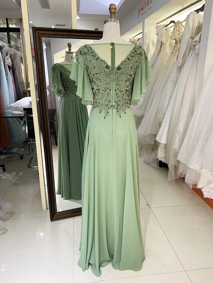 2024 sage green puff sleeve embroidery beading round neck zipper up back chiffon skirt mother of the bride dresses