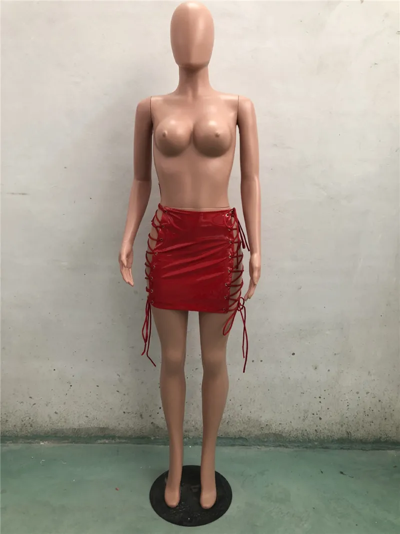 B30183A 2018 Latest lace-up design patent leather shining PU sexy skirt