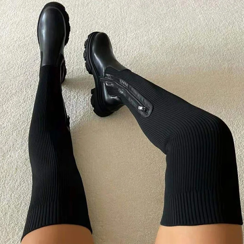 RTS high quality fashion ladies flat knee high shoes breathable knitting upper thigh high boots women