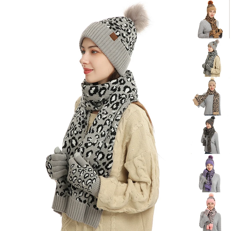 High Quality Warm Soft Winter Knit Beanie Hats Pompom Three Piece Female Leopard Scarf Hat Gloves 3PC Hat Set For Women