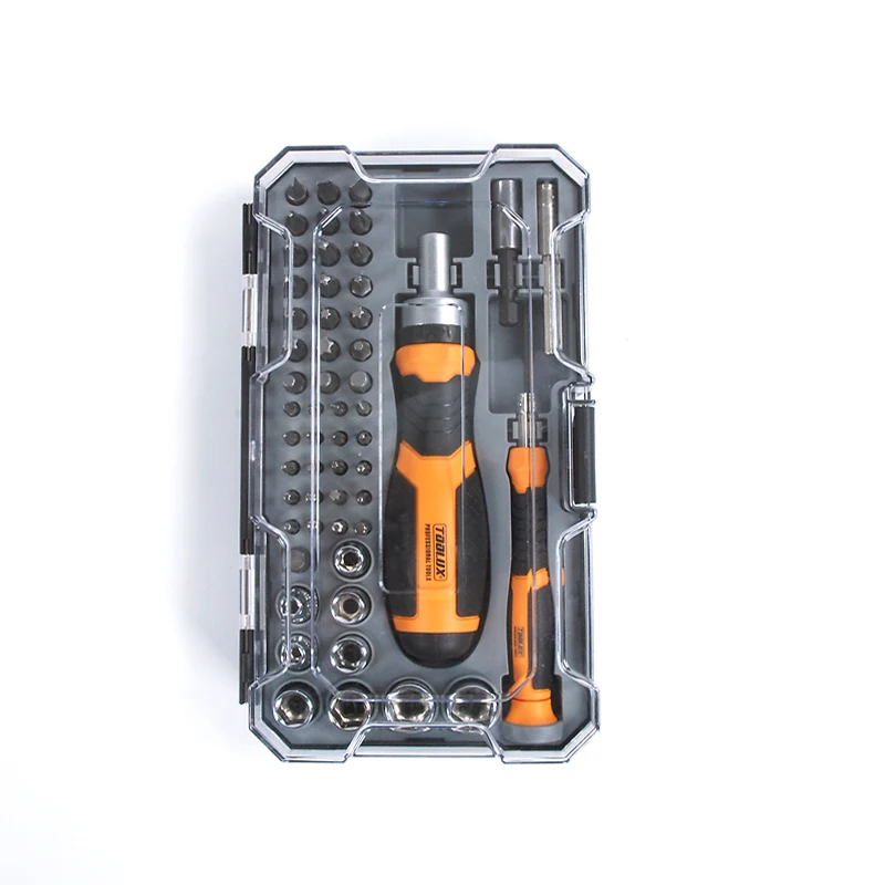 TOOLUX 65 Factory Direct Supply High Quality Screw Driver Plastic Box Ratchet Screwdriver And CRV Bits Set With Handle
