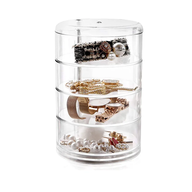 Stackable 4 Tier Round Clear Plastic Jewelry Rotating Storage tray With Lid Small Cylindrical Storage Case For Jewelry