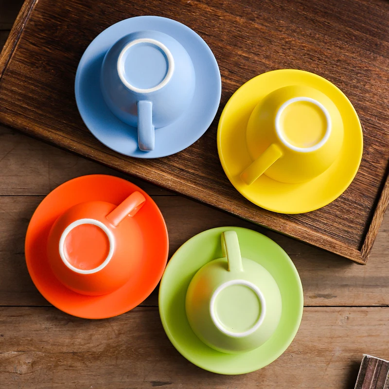 Italian Style Matte Teacup Handmade Pottery Cups Multi-Color Glazed Latte Coffee Cup Porcelain Cup and Saucer
