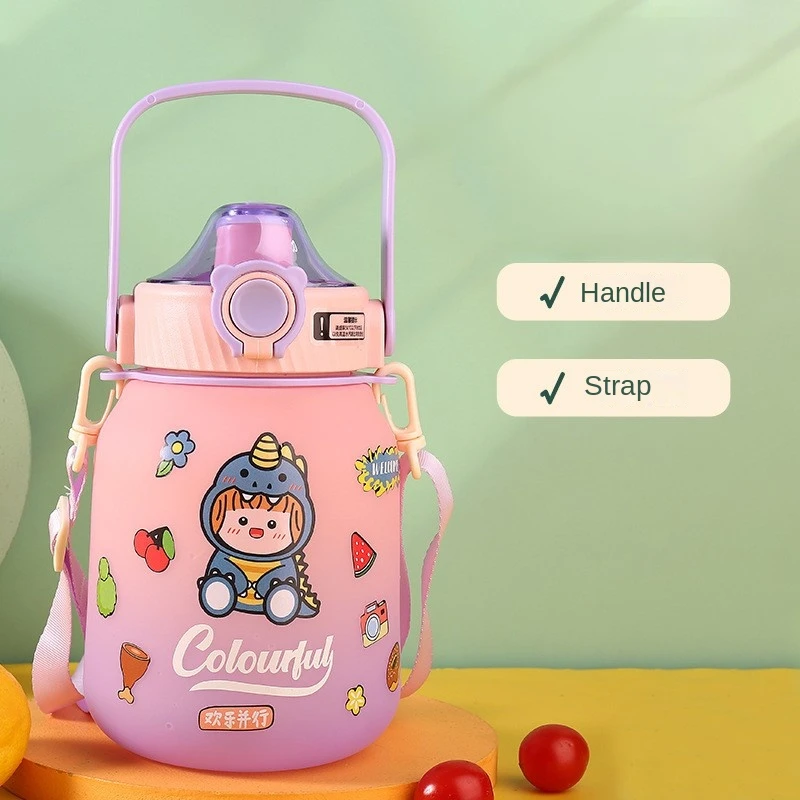1100 1300ml Hot straw cute cartoon kids plastic water bottle with separation frosted student portable sports water bottles