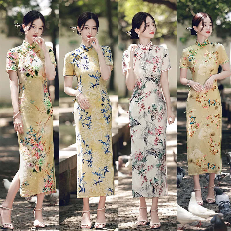 Chinese National Yellow Cheongsam Long Sleeve Dress Slim Floral Retro Women Long Qipao