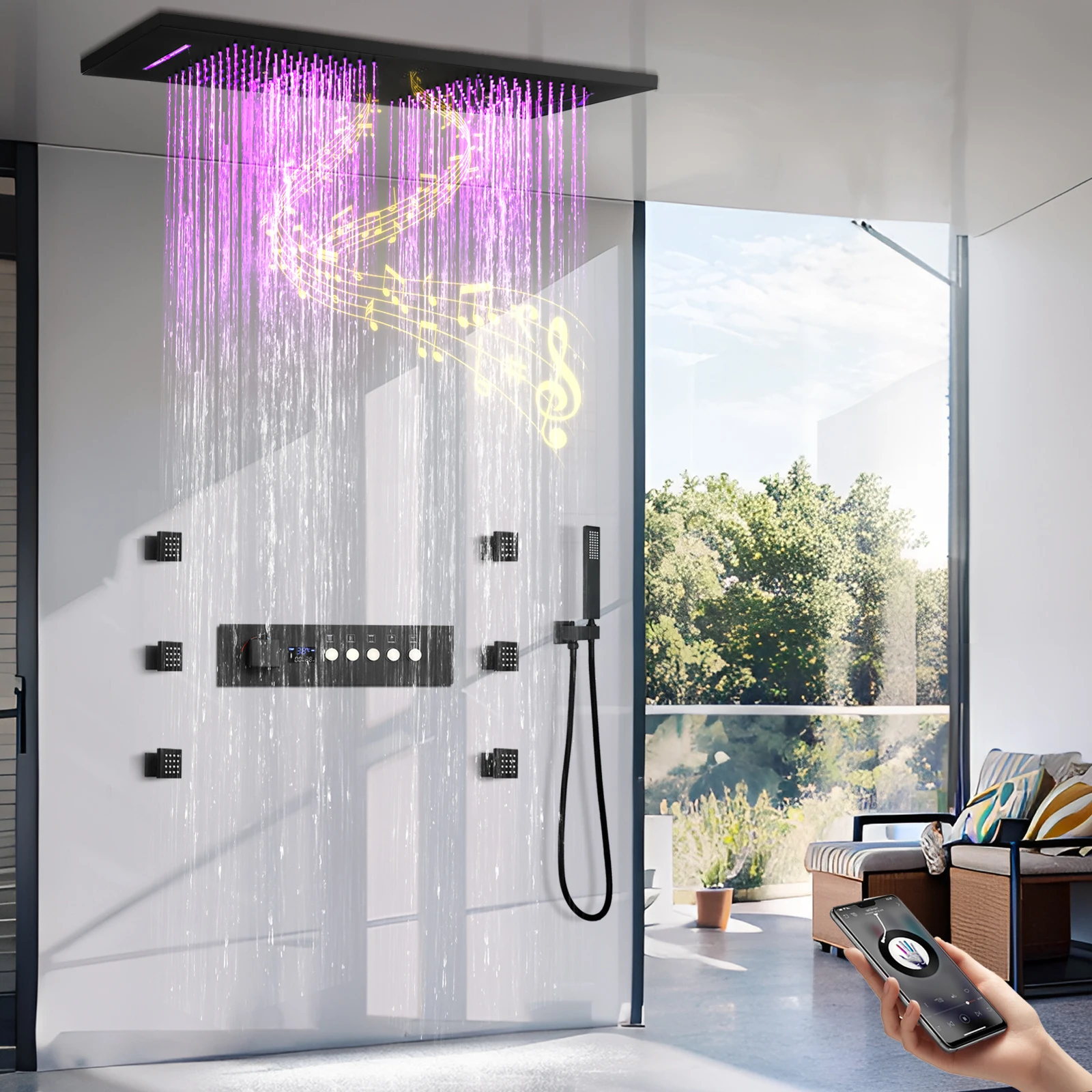 Smart Ceiling Mount 36*12inch Music LED Shower Head Rain Massage Thermostatic Concealed Shower System Set Bathroom