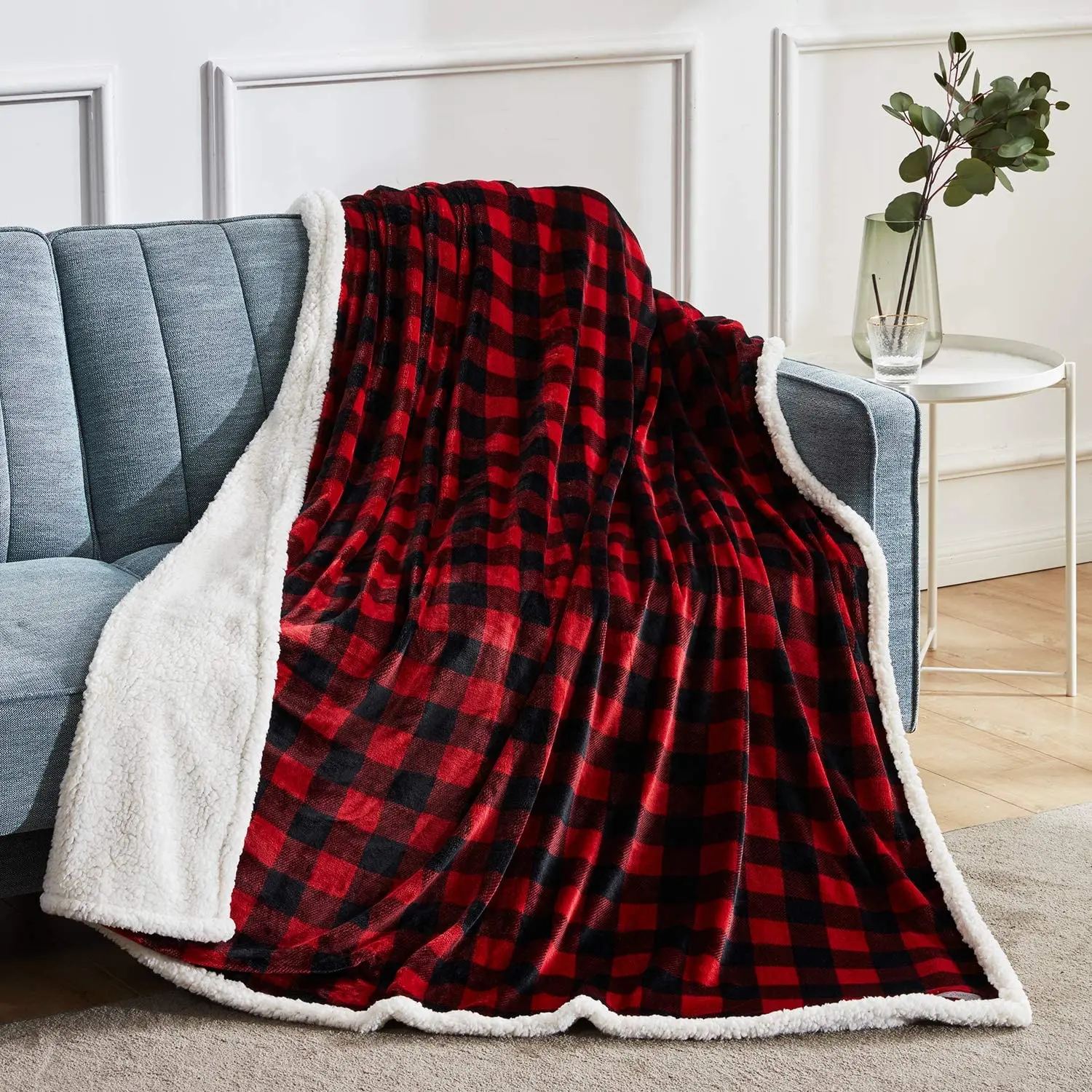 High Quality Black and Red Buffalo Plaid Sherpa Wool Blanket Linen Christmas Plaid Blanket Decorative Blanket