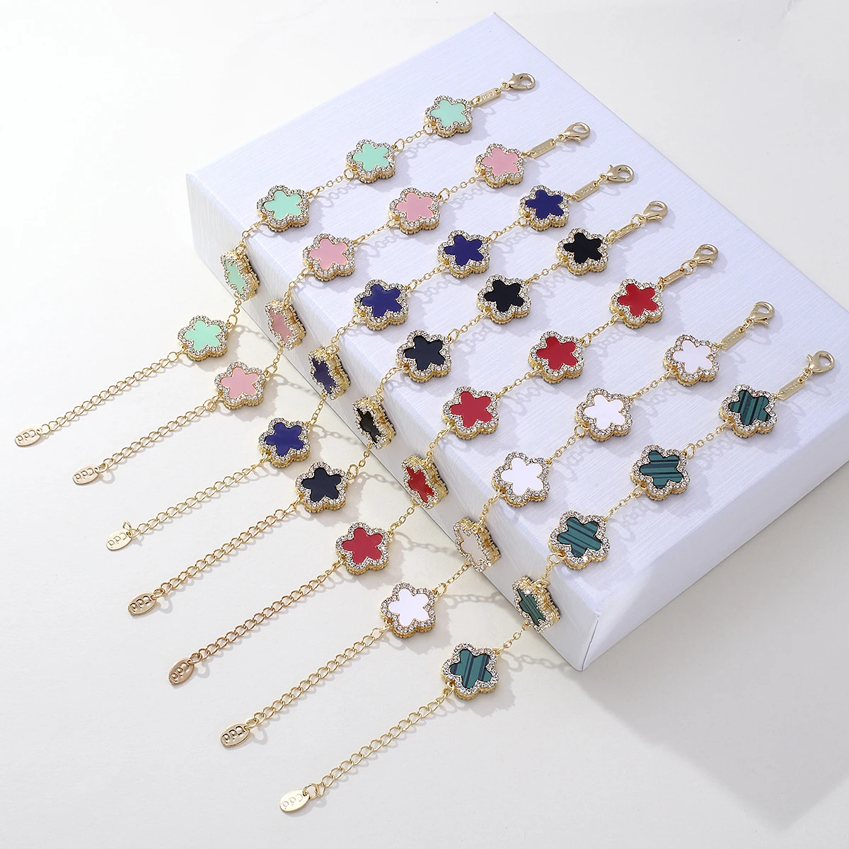 Fashion High Quality Gold Plated Rhinestone Double Sides Four Leaf Clover Five Flower Bracelets for Women Jewelry