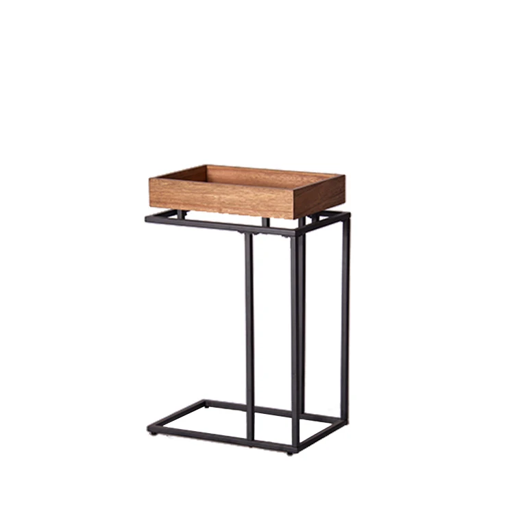 New Design C Shape Metal Leg Wooden Tray Bed Side Table For Living Room Furniture