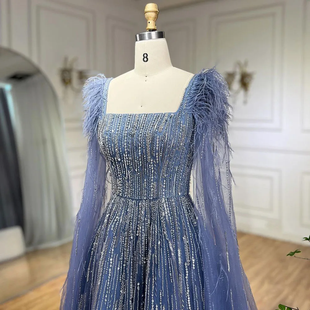 Blue A Line Cape Sleeves Feathers Beaded Dubai Evening Dresses Serene Hill LA72236 Wedding Party Gowns 2024 For Women