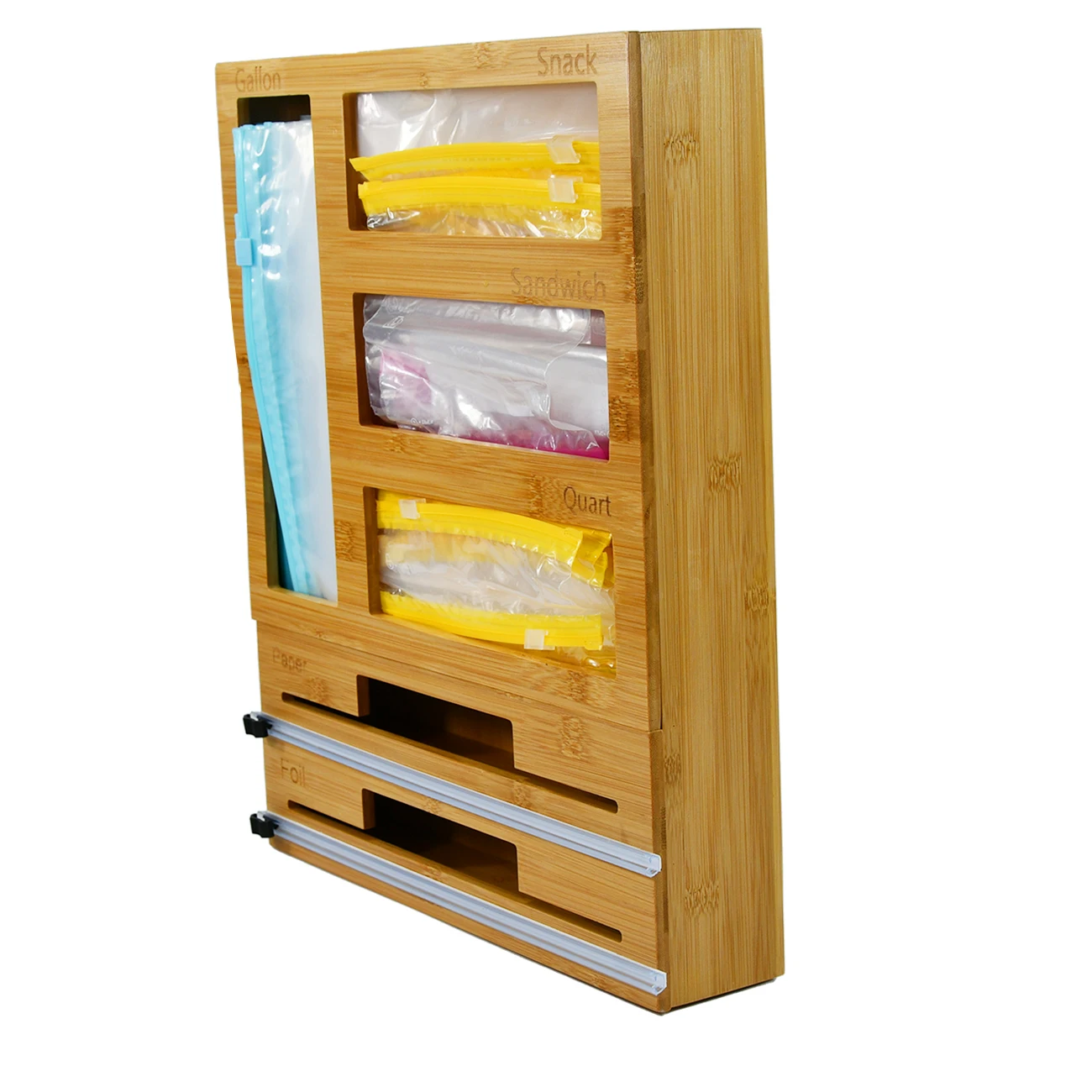 6 in 1 Zip Lock Bag Storage Organizer Box Bamboo Wood Film Wrap Aluminum Foil Dispenser with Cutter Wall Mount