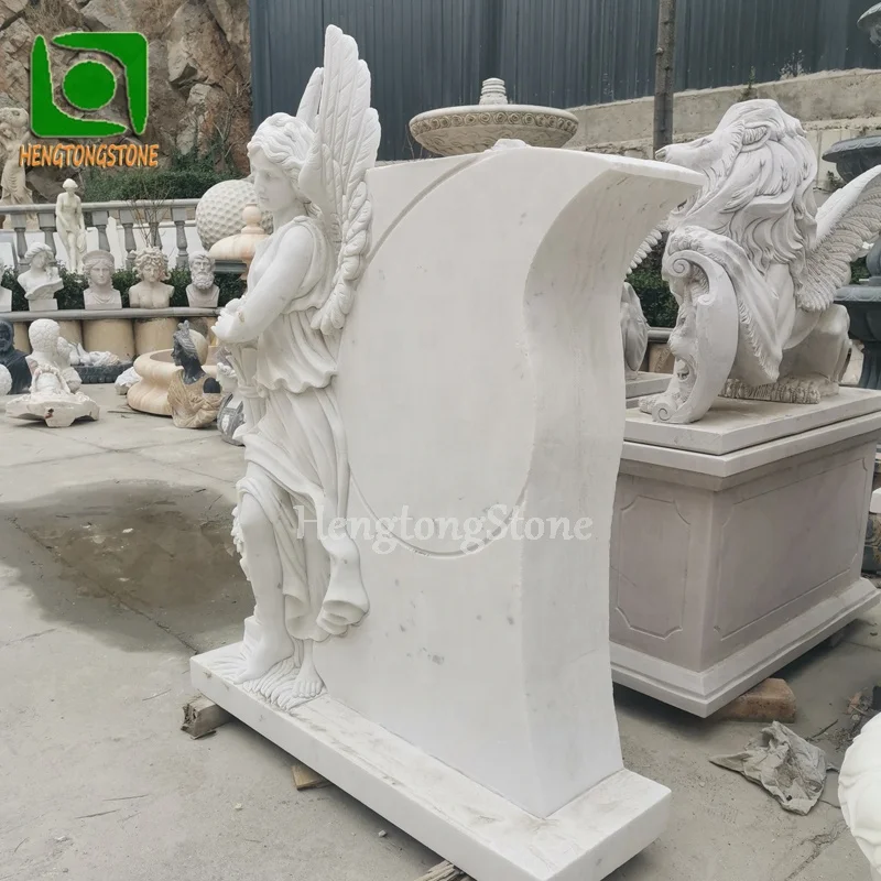 Cemetery White Marble Opening Wings Angel Tombstone Headstone