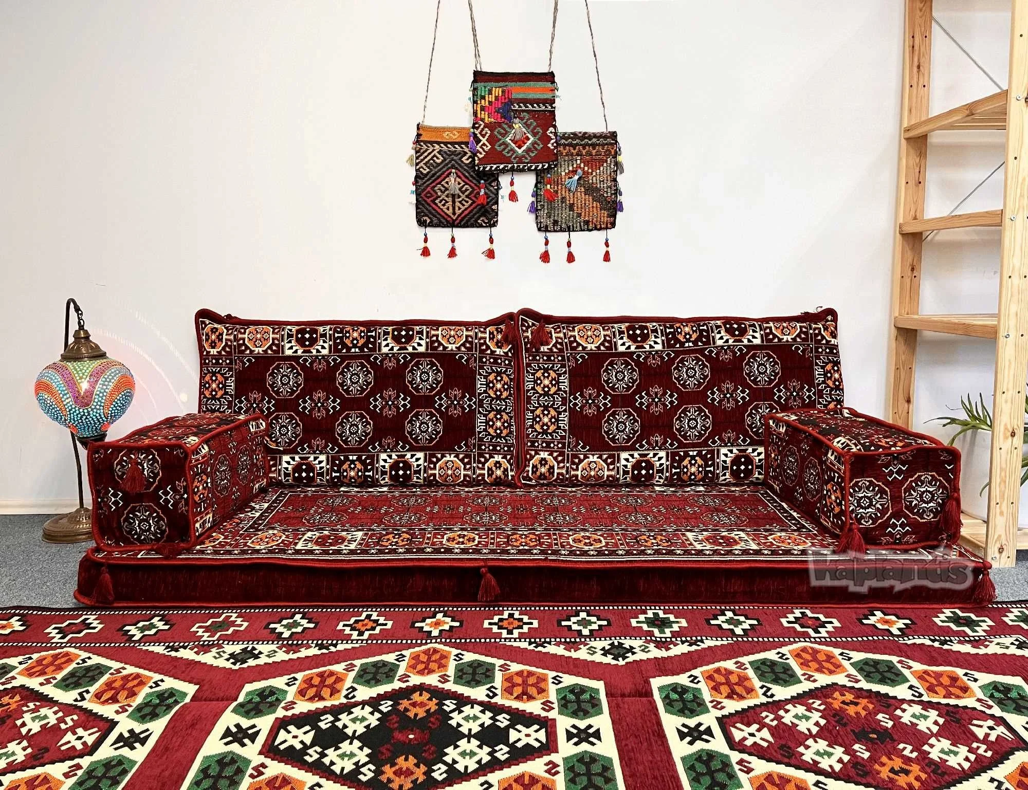 Anatolian Oriental Floor Cushion Set for Two Afghan Pattern Burgundy with 22 Density Foam Fillings