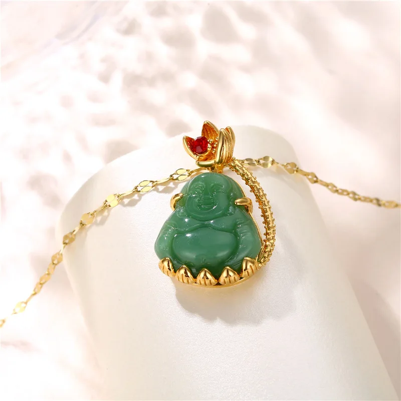 Religious Green Jade Buddha Pendant Necklace 18k Gold Plated Stainless Steel Lip Chain Laughing Buddha Jade Necklace