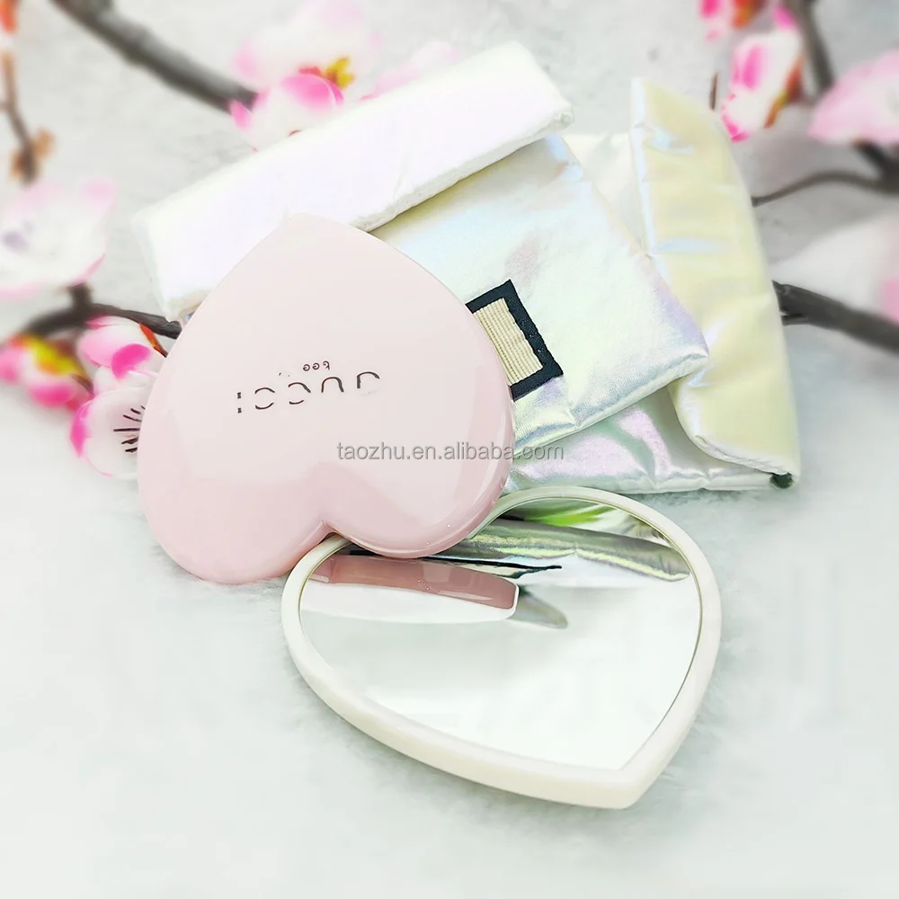 GUCC idea White Pink Hart Shape Mini Gift Makeup Mirror with Luxury Ambilight Pouch