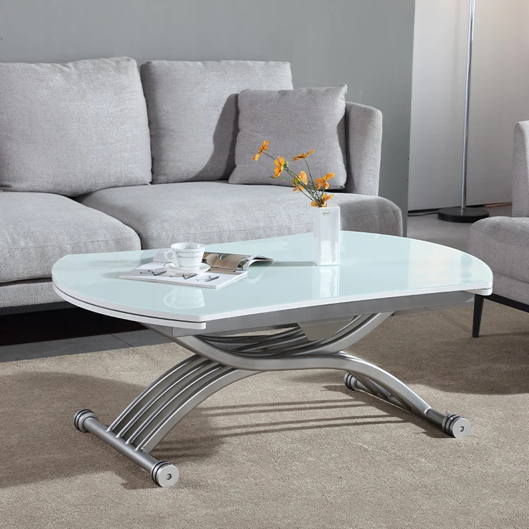 Modern Home Furniture Rotate Expand Lift Glass Top White Dining Table For Living Room