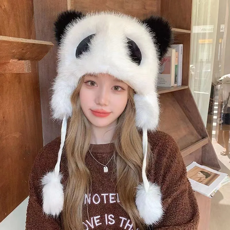 Female Winter Fleece-lined Thermal Lei Feng Cap Cute Outdoor Panda Plush Faux Fur Earflaps Slipover Warm Cold Hat