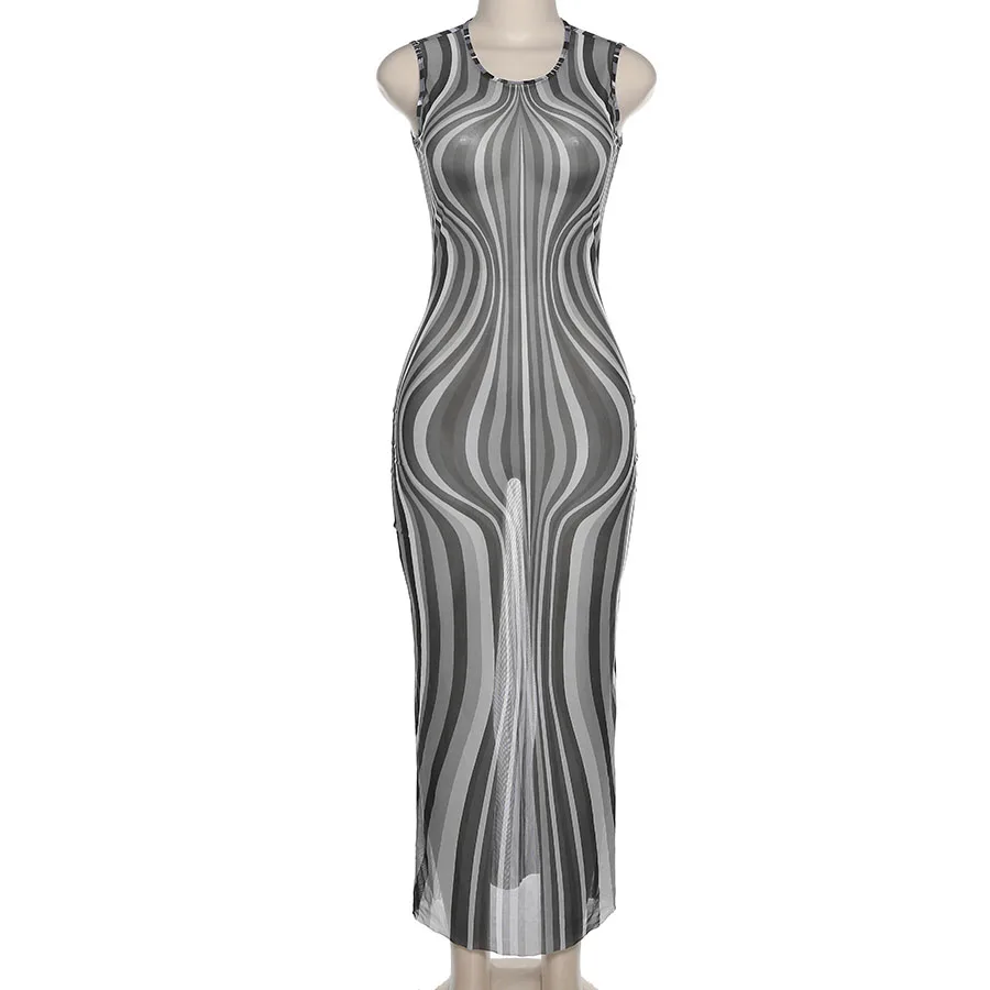 Mesh See Through Damaskeen Pattern Sleeveless Maxi Dress Women Casual Dresses neon maxi dress ladies casual  2022 new