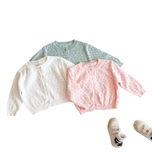 
Spring Summer New Sweet Princess Solid Color Newborn Baby Clothes Sweater Long Sleeve Knitted Hollow Coat 