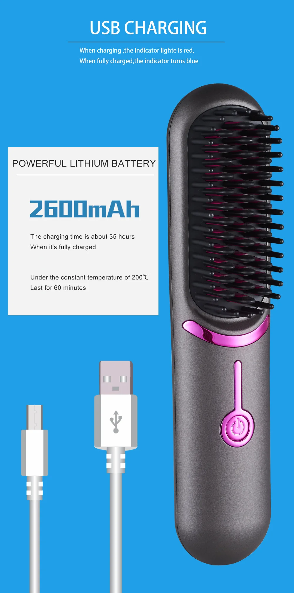 2024 hot sales Rechargeable Portable Negative Ion Professional Portable Wireless Usb Travel Cordless Hair Straightener Brush