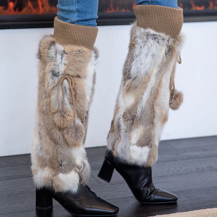 MWfur Fashion Wholesale Rabbit Fur Knee Pads Knee Brace Patchwork Natural Rabbit Fur Leg Warmer with Fur Balls For women