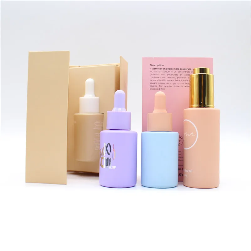 Luxury Empty Cosmetic 30ml 50ml Round Frosted Face Serum Bottle Essential Oil Glass Dropper Bottle With Box