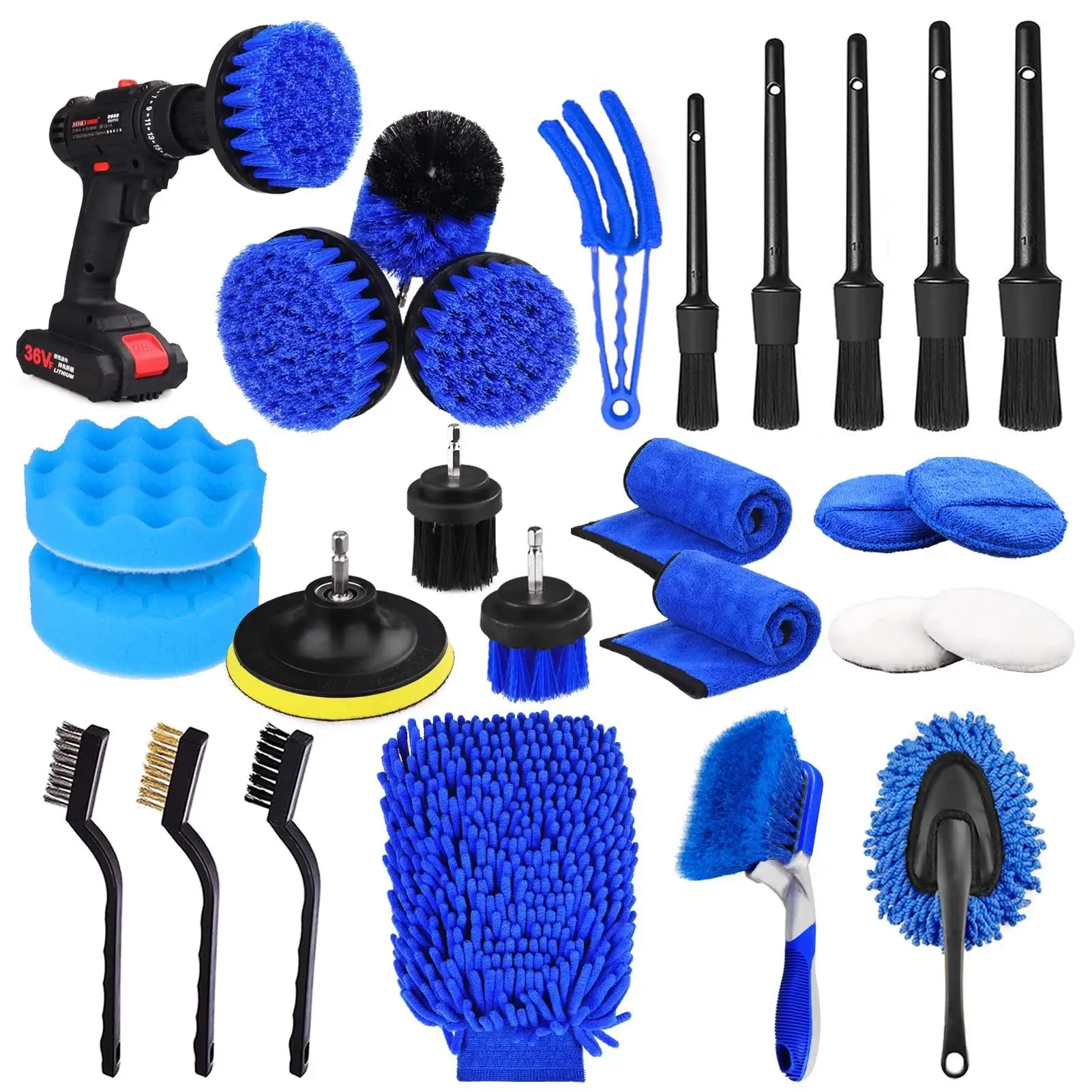 26 Pcs Car Detail Brush Set Auto Drill Clean Brushes Sponge Pads Cleaning Tools for Interior Exterior Washing
