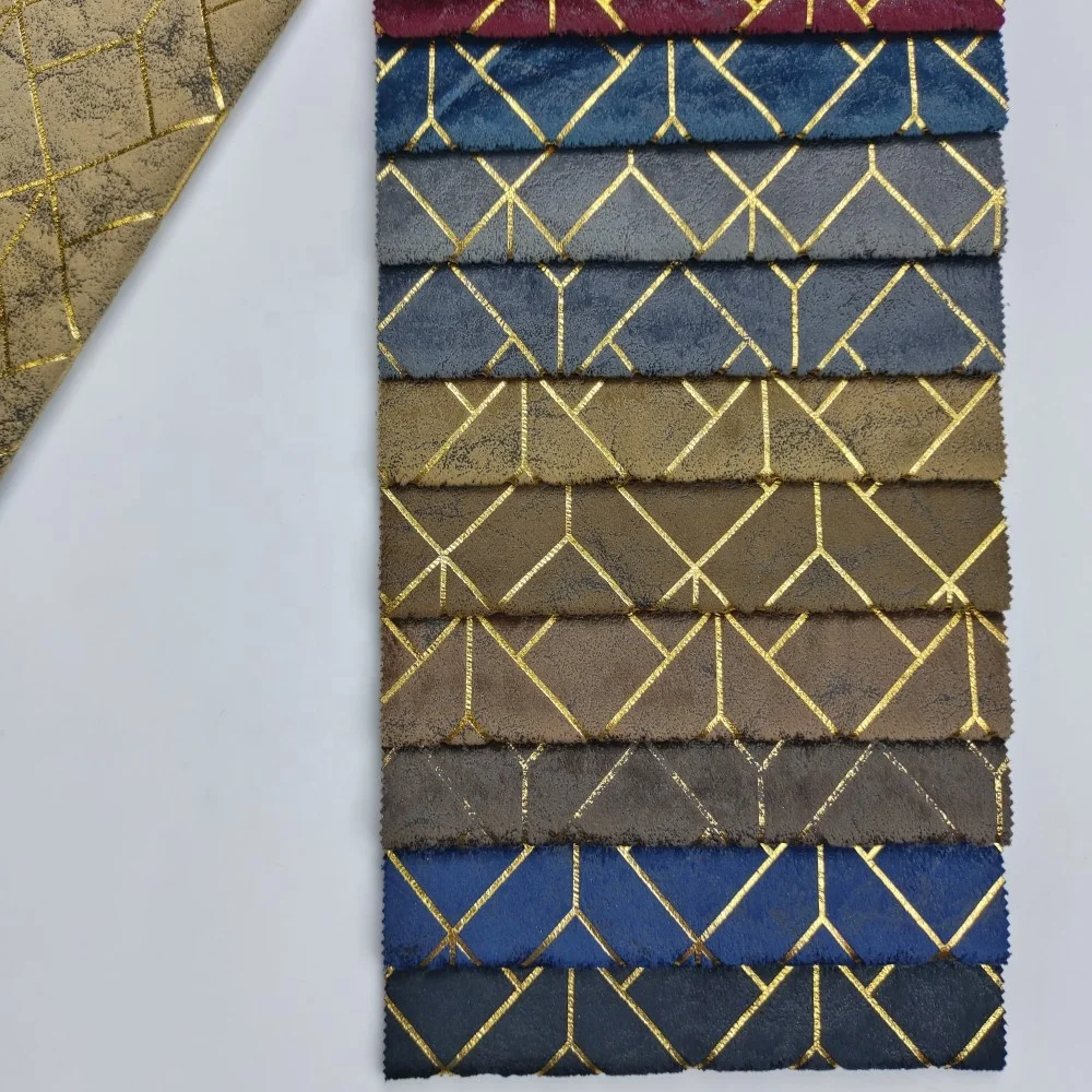 Geometric pattern 100% polyester velour fabric golden glue emboss bronzing holland velvet curtain fabric for home textile