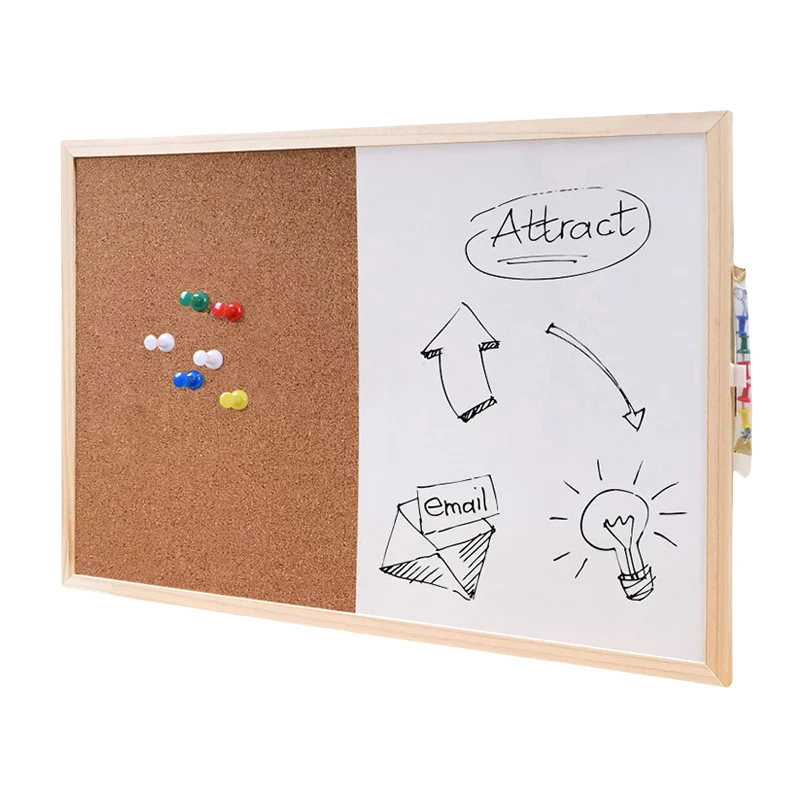 Magnetic Wooden Framed Half Cork Bulletin Board Half Whiteboard Combination Board For Hang Wall
