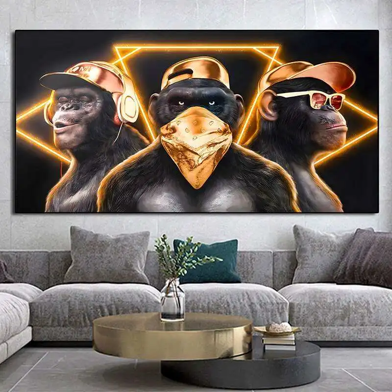 Factory for sale Fun three smart cool monkey wall art animal posters Modern crystal porcelain HD print painting room home decor