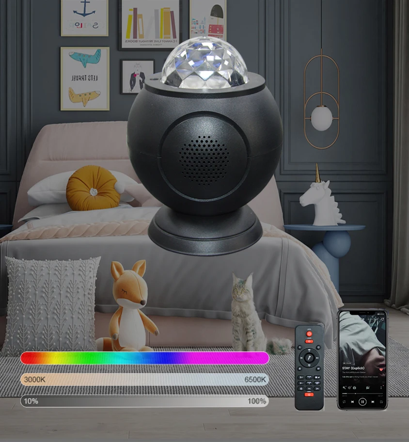 White Black Magnetic Base 360 Degree Rotation Satrry Projector Night Light Usb Rechargeable Remote RGB Diming Music Night Light